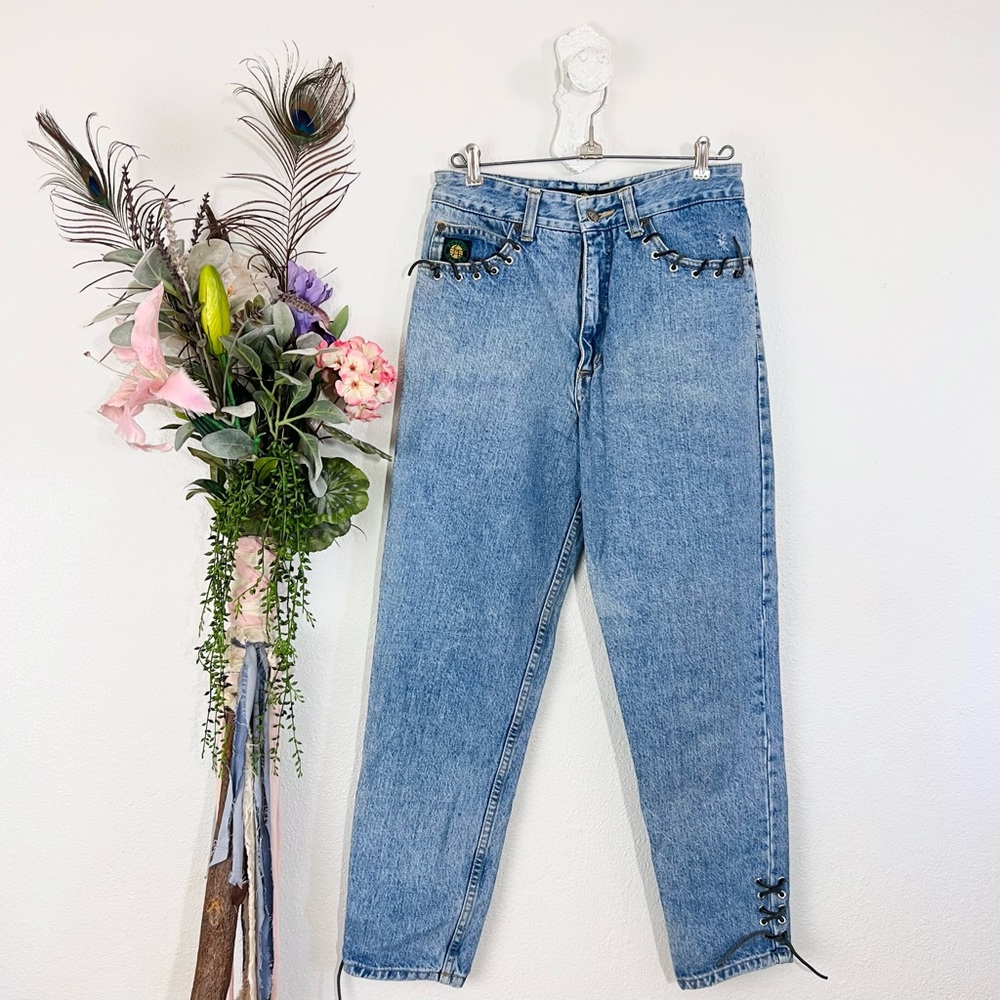 Vintage 90s Fetish Blues Retro Lace Up Light Wash High Wash Denim Jeans
